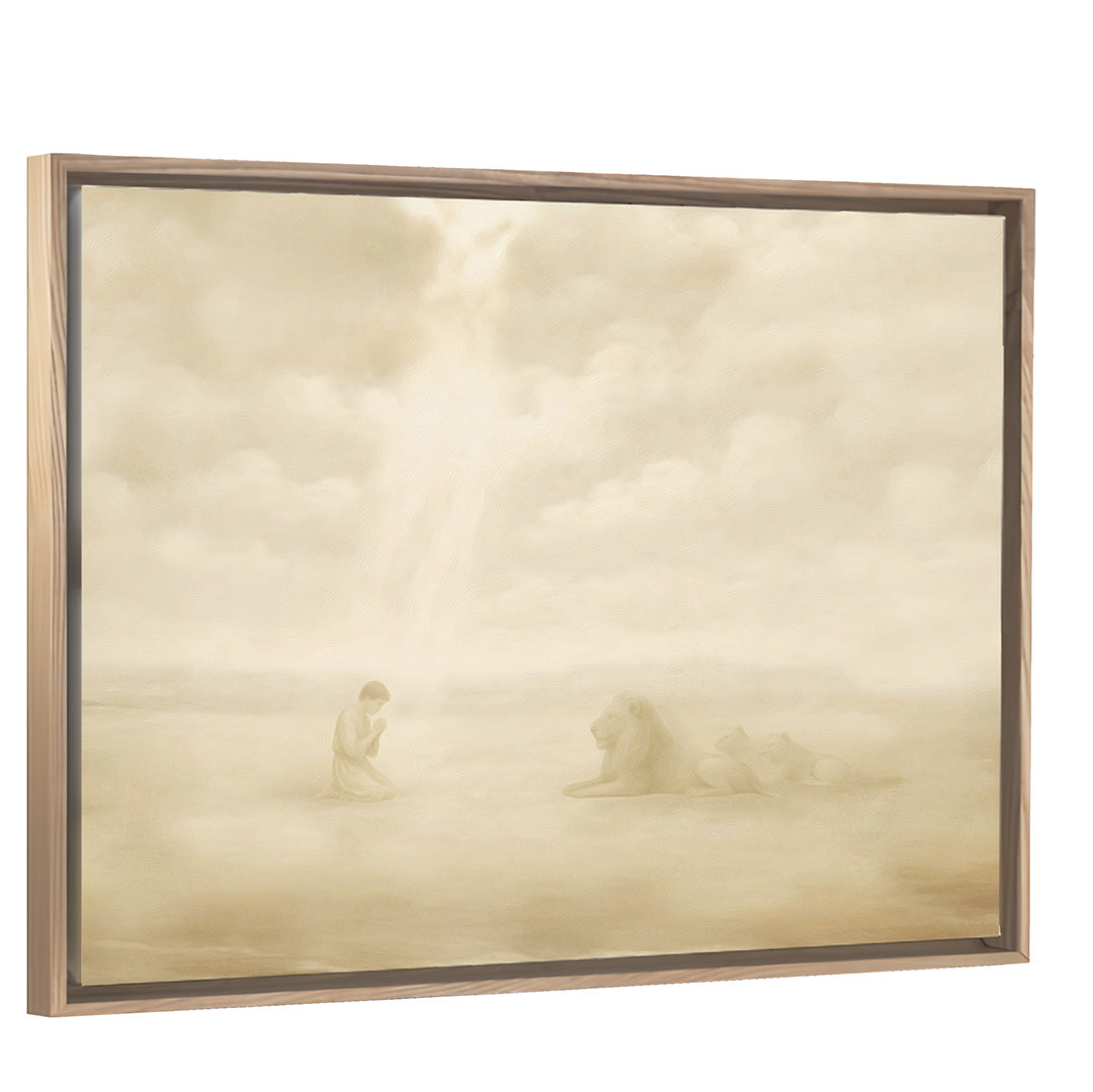 Daniel and the Lions Den Canvas with Light Wood Frame