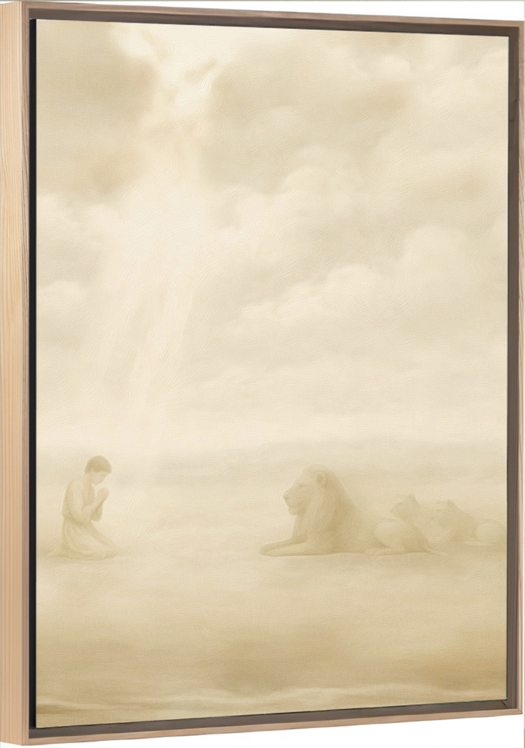 Daniel and the Lions Den Vertical Canvas with Light Wood Frame